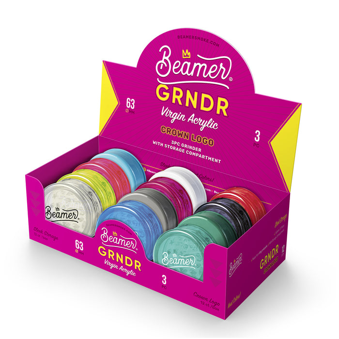 Beamer Virgin Acrylic 3-Piece 63mm Grinder W/ Storage Compartment - Crown Logo Design
