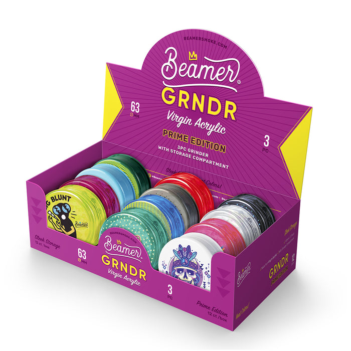 Beamer Virgin Acrylic 3-Piece 63mm Grinder W/ Storage Compartment - Prime Edition - Full Color Designs