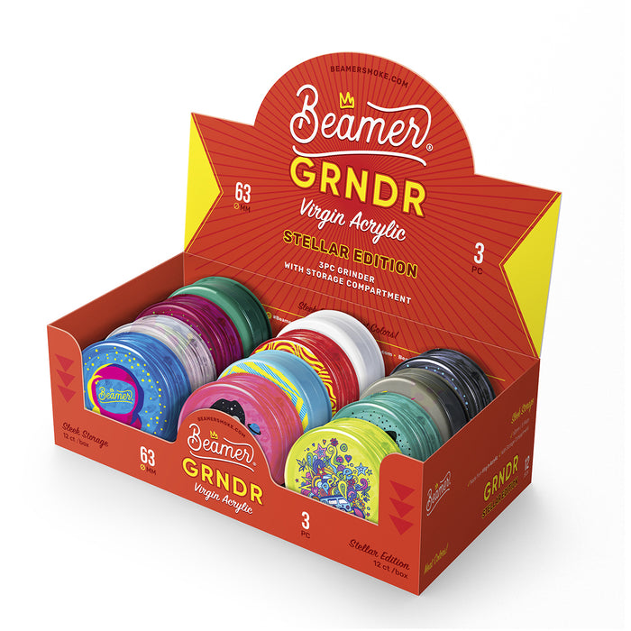 Beamer Virgin Acrylic 3-Piece 63mm Grinder W/ Storage Compartment - Stellar Edition - Full Color Designs