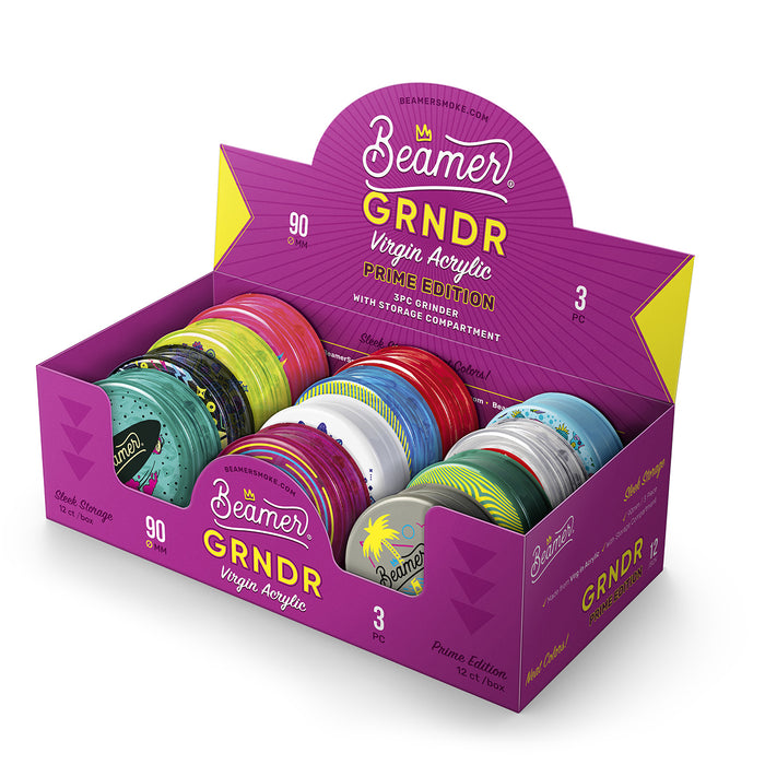 Beamer Virgin Acrylic 3-Piece 90mm Grinder W/ Storage Compartment - Prime Edition - Full Color Mixed Designs