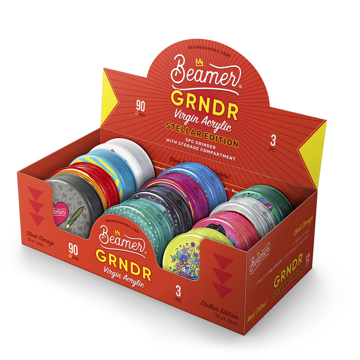 Beamer Virgin Acrylic 90mm 3-Piece Grinder W/ Storage Compartment - Stellar Edition - Full Color Mixed Designs