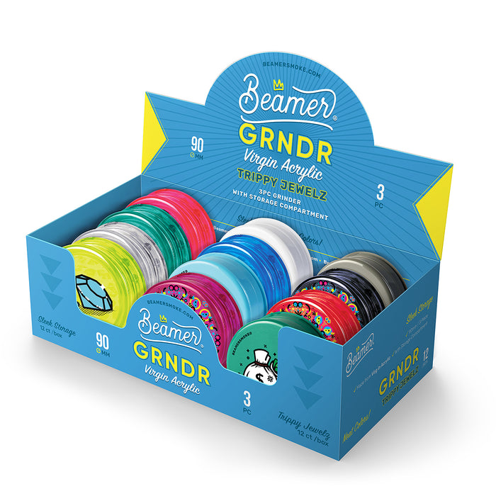 Beamer Virgin Acrylic 90mm 3-Piece Grinder W/ Storage Compartment - Trippy Jewelz Collection - Full Color Designs