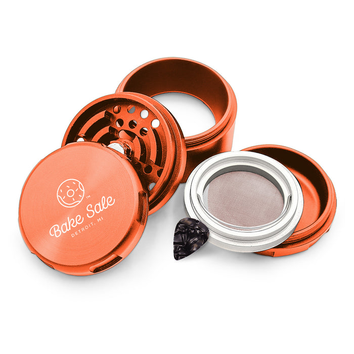 Bake Sale - Aircraft Grade Aluminum Grinder - W/ Guitar Pick & Removable Magnetic Screen - "75 Frosted" - 5-Piece - 75mm Wide - 2.5" Tall - Bake Sale Logo Design