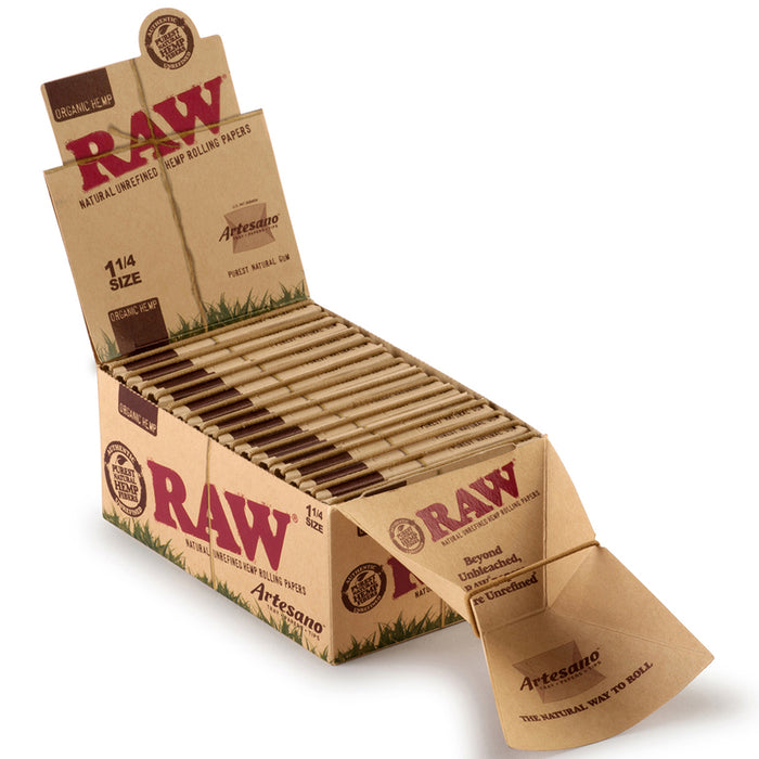 Raw Artesano Organic 1 1/4 Size Rolling Papers w/ Rolling Tips and Tray - 15-Ct Display