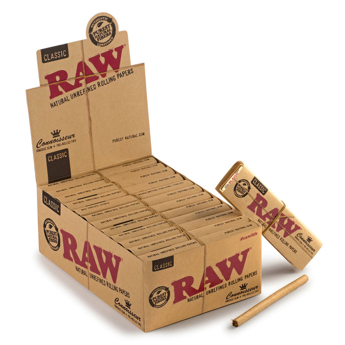 Raw Connoisseur Natural King Size Rolling Papers w/ Pre Rolled Tips - 24-Ct Display