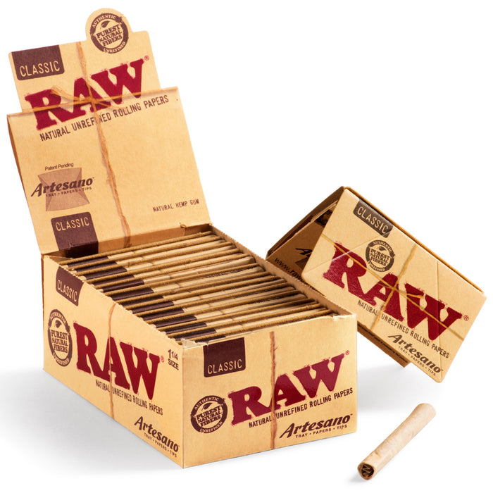 Raw Artesano Natural 1 1/4 Size Rolling Papers w/ Rolling Tips and Tray - 15-Ct Display