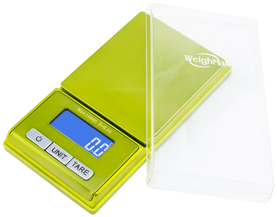 Weighmax - Scale - BLG-100/0.01g - W/ Removable Protective Tray - 100g Capacity - Increments of 0.01g - Green Color
