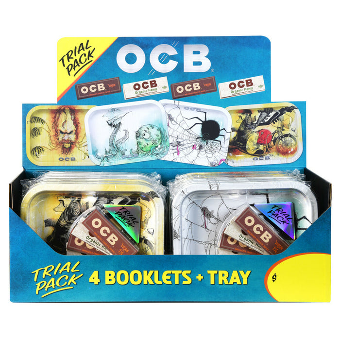 Trial Pack Retail Display - Mixed Limited Edition Tray Designs: Motorcycle, Sasquatch, Sea Monster, and Spider & OCB Organic Hemp, OCB Virgin Papers