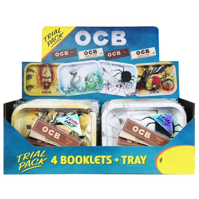 OCB - Trial Pack Retail Display - Mixed Limited Edition Tray Designs: Motorcycle, Sasquatch, Sea Monster, and Spider & OCB Organic Hemp, OCB Virgin Papers