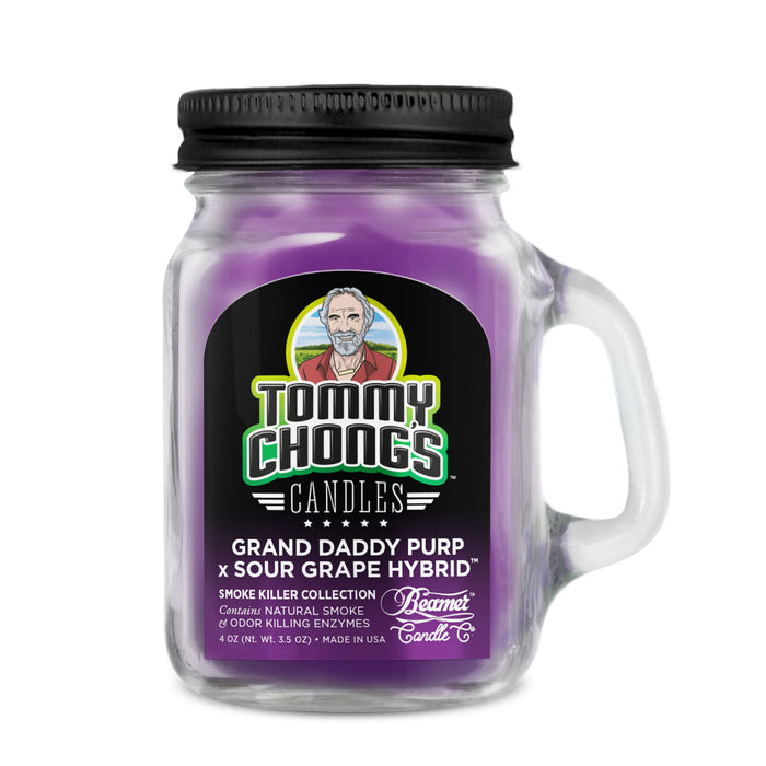 Beamer Candle Co x Tommy Chong's Cannabis - Double Shot+ 4oz Candle - Smoke Killer Collection - Glass Mason Jar - W/ Hand & Metal Lid - Grand Daddy Purp x Sour Grape Hybrid