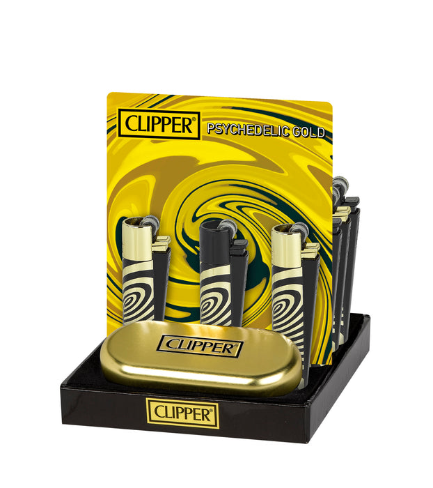 Clipper Metal Psychedelic Gold Color Lighters - 12-Count Display