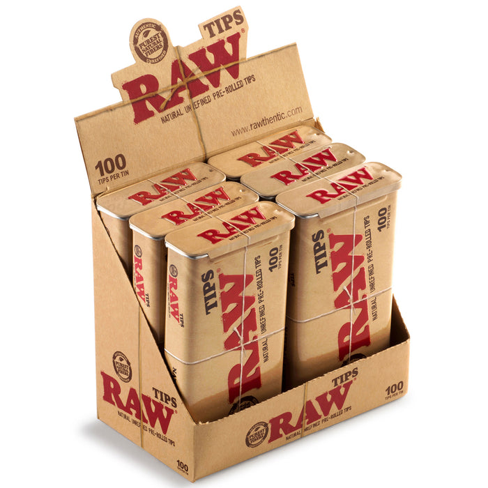 Raw Pre Rolled Tips 100-Ct Tin - 6-Ct Display