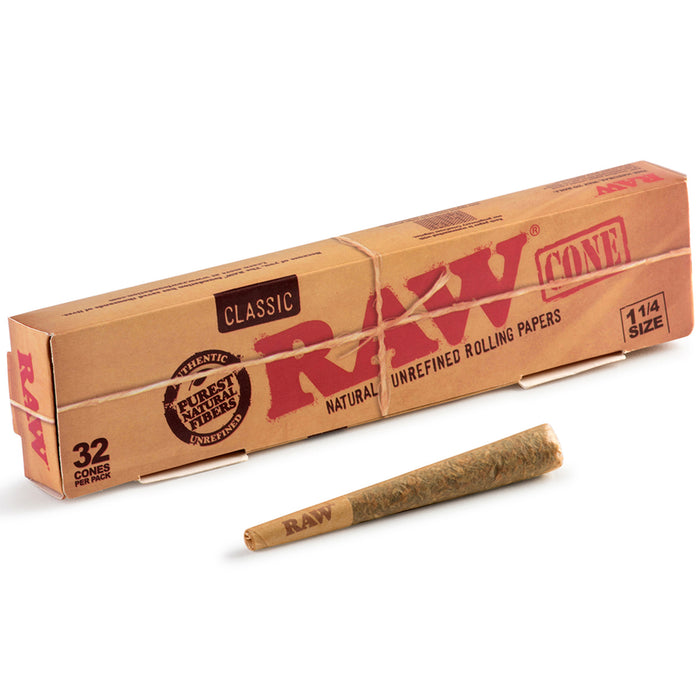 Raw Natural 1 1/4 Size Pre Rolled Cones, Slim Box - 12-Ct Display