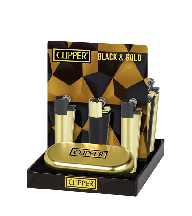 Clipper Metal Black & Gold Color Lighters - 12-Count Display