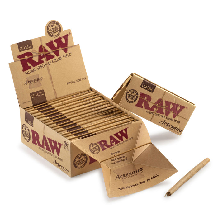 Raw Artesano Natural King Size Rolling Papers w/ Rolling Tips and Tray - 15-Ct Display