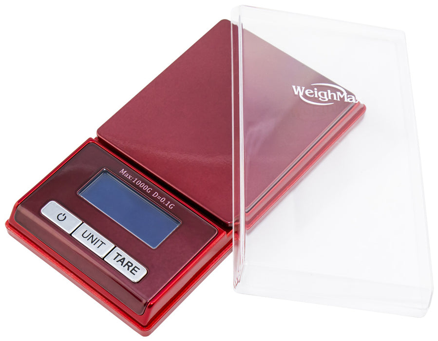 Weighmax - Scale - BLG-100/0.01g - W/ Removable Protective Tray - 100g Capacity - Increments of 0.01g - Red Color