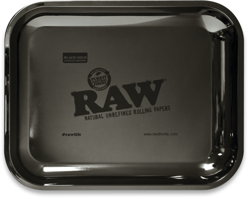 Raw Large Gold Rolling Tray w/ Certificate of Authenticity, Black Color - 13.5" x 11"