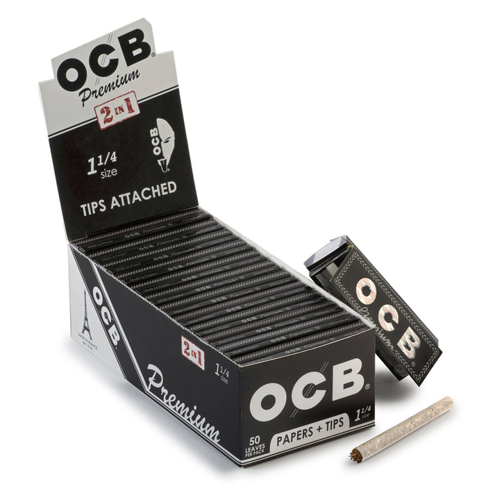 OCB Premium 1 1/4 Size Rolling Papers w/ Rolling Tips - 24-Ct Display